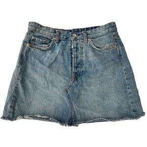 Women Y2K Denim Mini Skirt Size 8 Button Fly Frayed Hem Distressed Cotton Casual